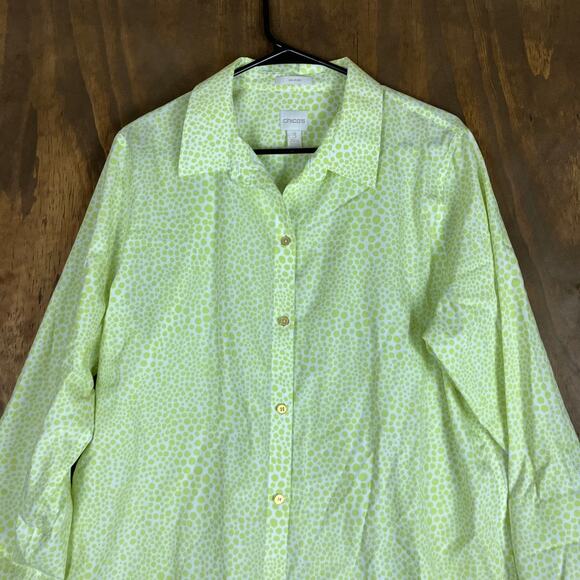 Chicos Womens Blouse White Green Dots Collared Non Iron Button Down 3 (XL) - Picture 2 of 12